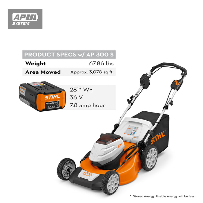 Stihl, Self Propelled Lawn Mower Set w/ Free AP 300 S Battery, Cutting Width 21 in, Power Source Battery, Model# RMA 510 V SET Super P