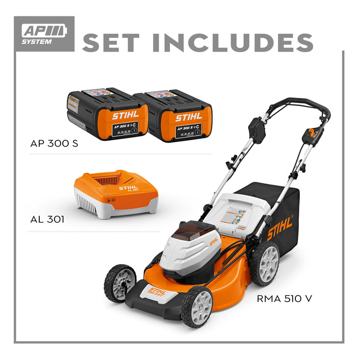 Stihl, Self Propelled Lawn Mower Set w/ Free AP 300 S Battery, Cutting Width 21 in, Power Source Battery, Model# RMA 510 V SET Super P