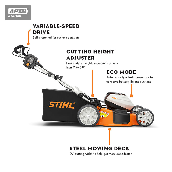 Stihl, Self Propelled Lawn Mower Set w/ Free AP 300 S Battery, Cutting Width 21 in, Power Source Battery, Model# RMA 510 V SET Super P