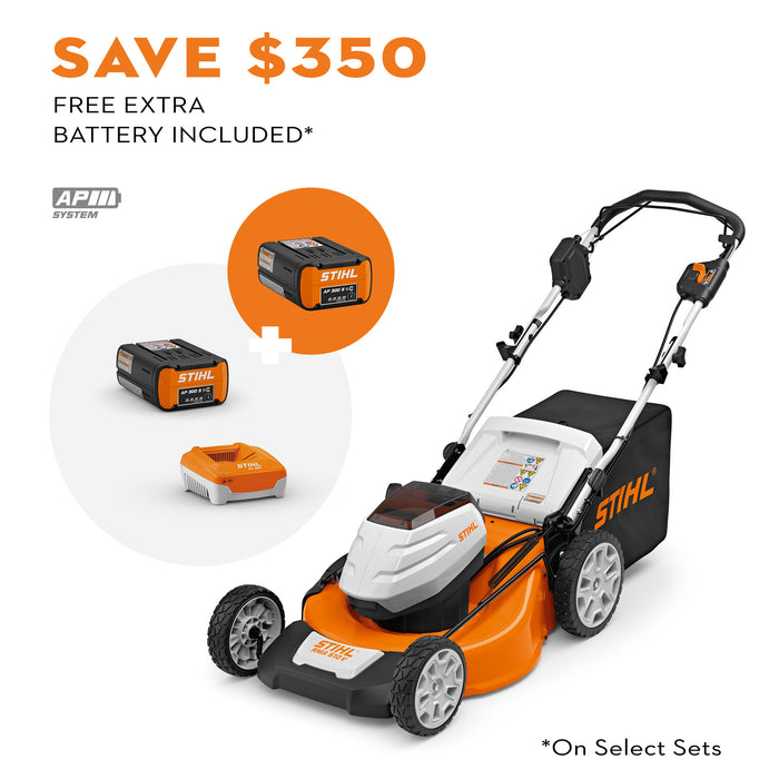 Stihl, Self Propelled Lawn Mower Set w/ Free AP 300 S Battery, Cutting Width 21 in, Power Source Battery, Model# RMA 510 V SET Super P